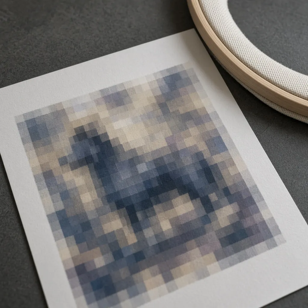 Folha impressa com um gráfico pixelado e borrado, ao lado de um bastidor. Imagem ilustrativa