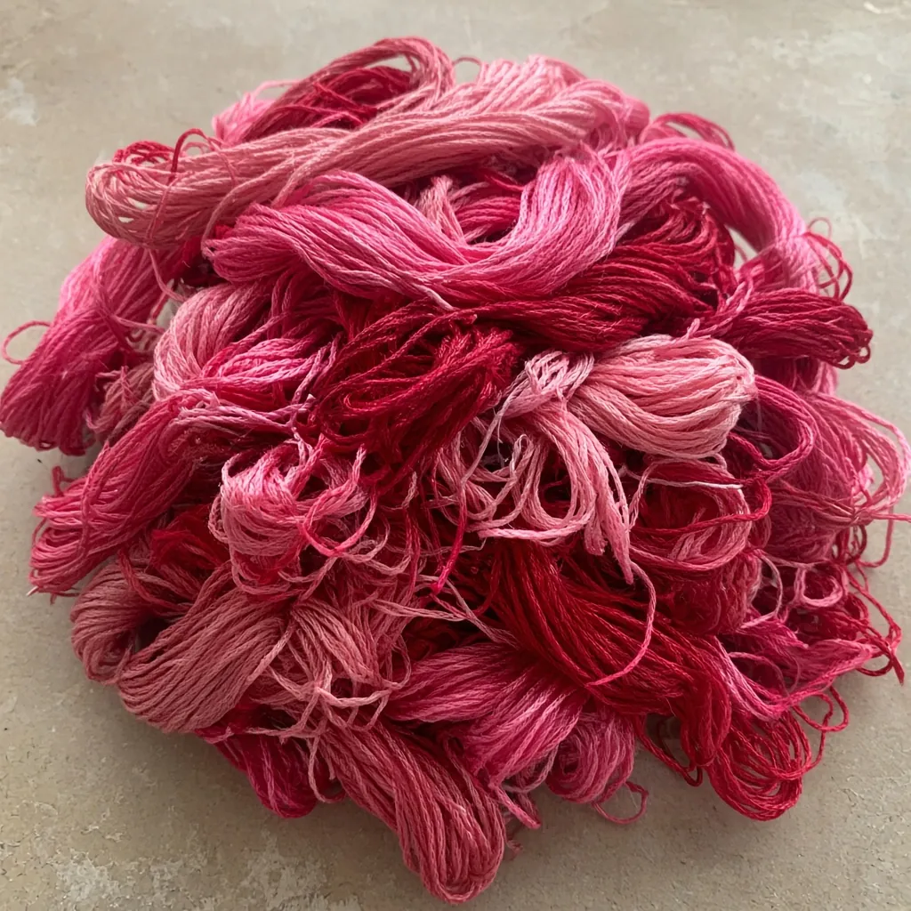 Monte de meadas em tons parecidos de rosa e vermelho, embaralhadas. Imagem ilustrativa