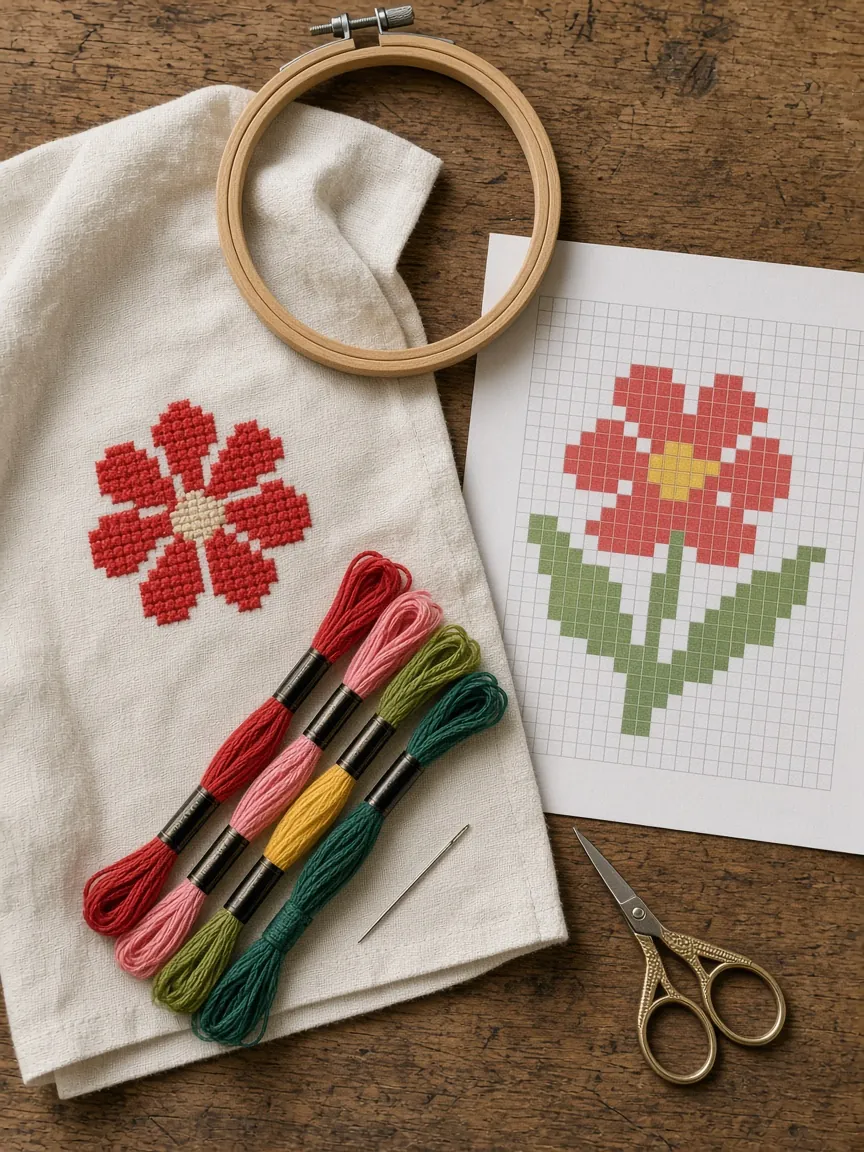 Pano de prato com flor bordada em ponto cruz, bastidor, meadas coloridas e um gráfico impresso sobre a mesa. Imagem ilustrativa