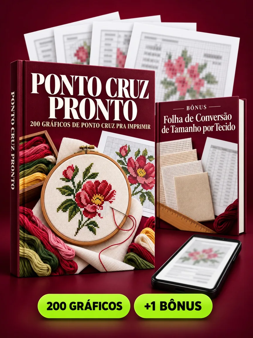 Montagem ilustrativa do Ponto Cruz Pronto: livro com a capa, páginas do material e celular e capas dos bônus