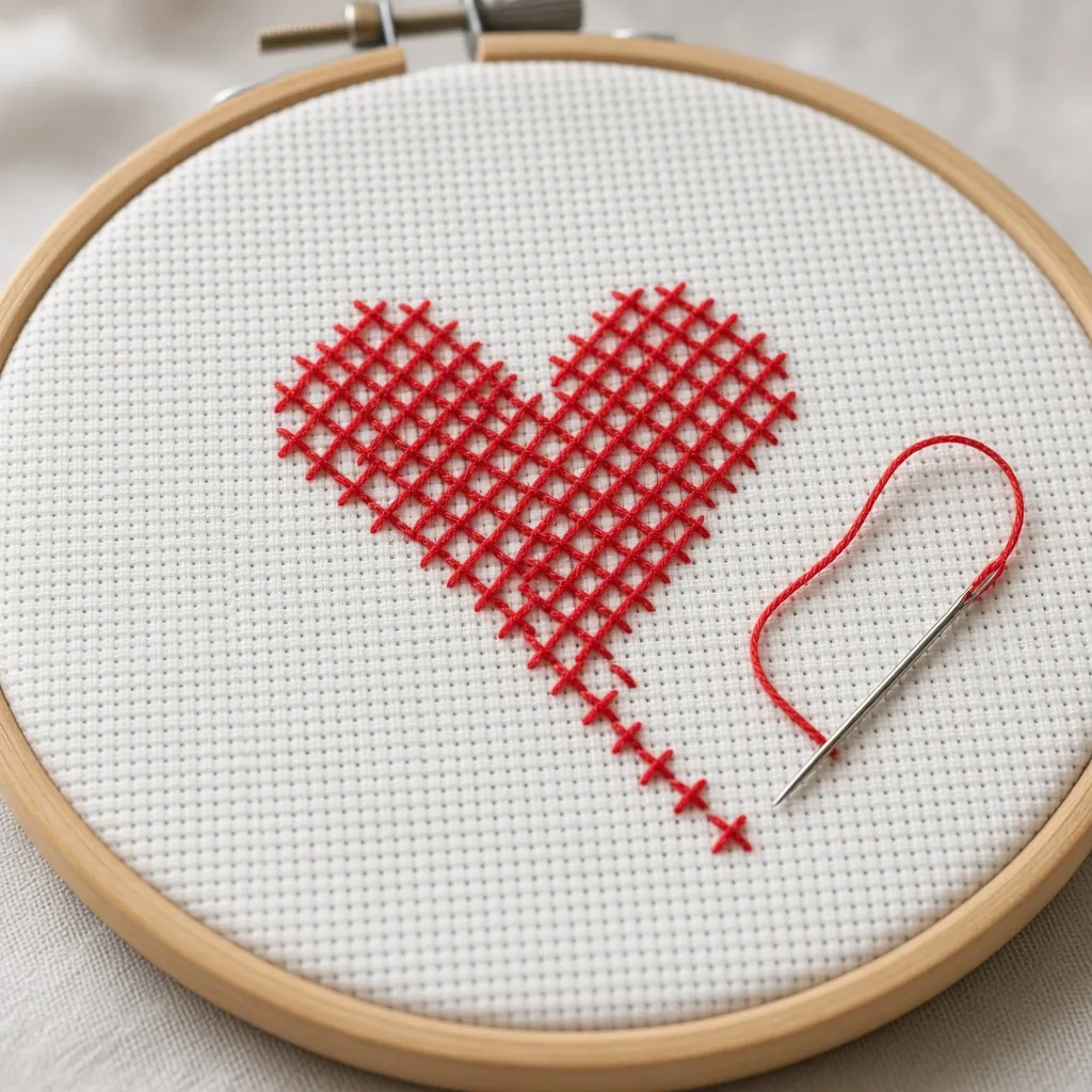 Bastidor com um coração vermelho em ponto cruz pela metade e a agulha com linha. Imagem ilustrativa