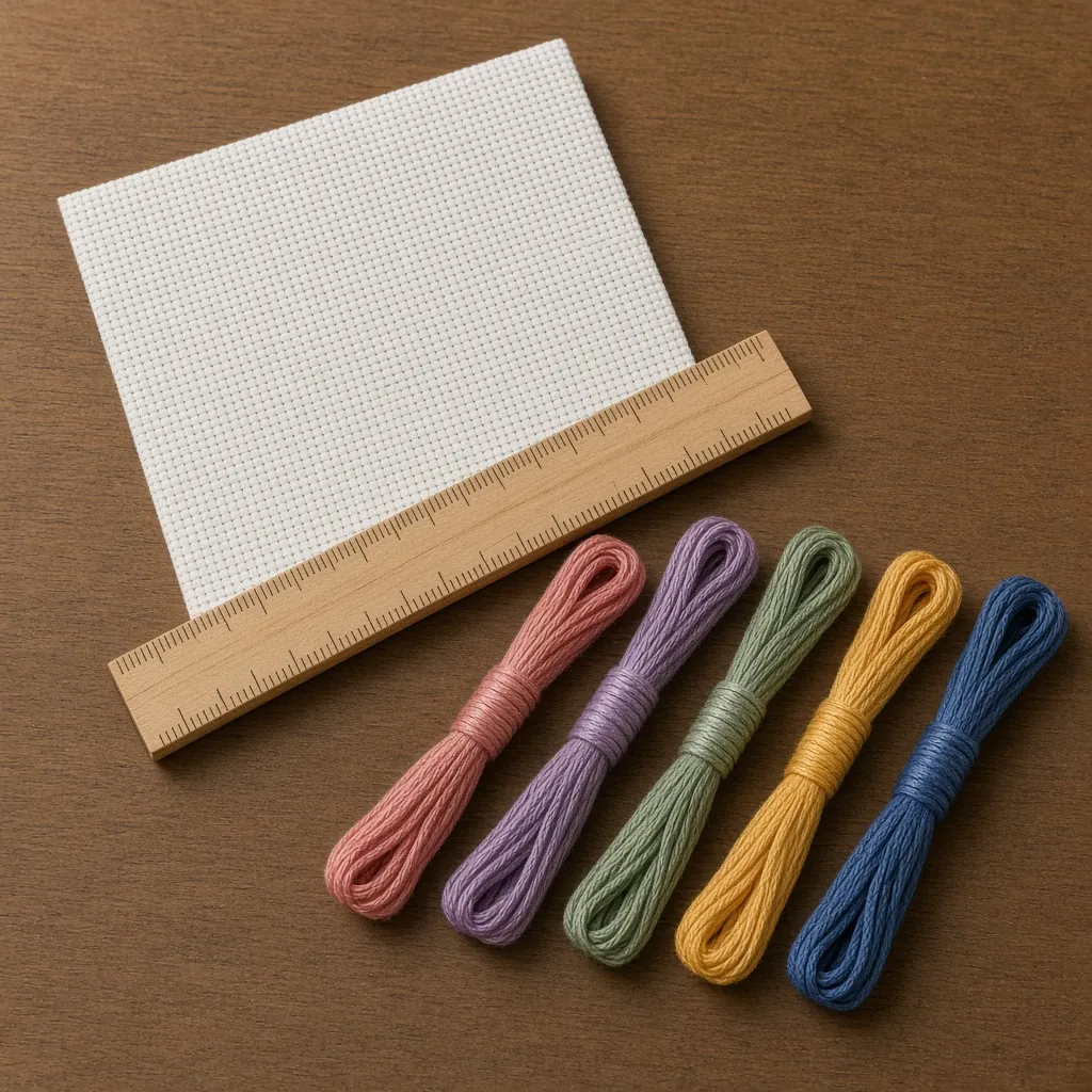 Tecido Aida branco, régua e meadas separadas por cor sobre a mesa. Imagem ilustrativa